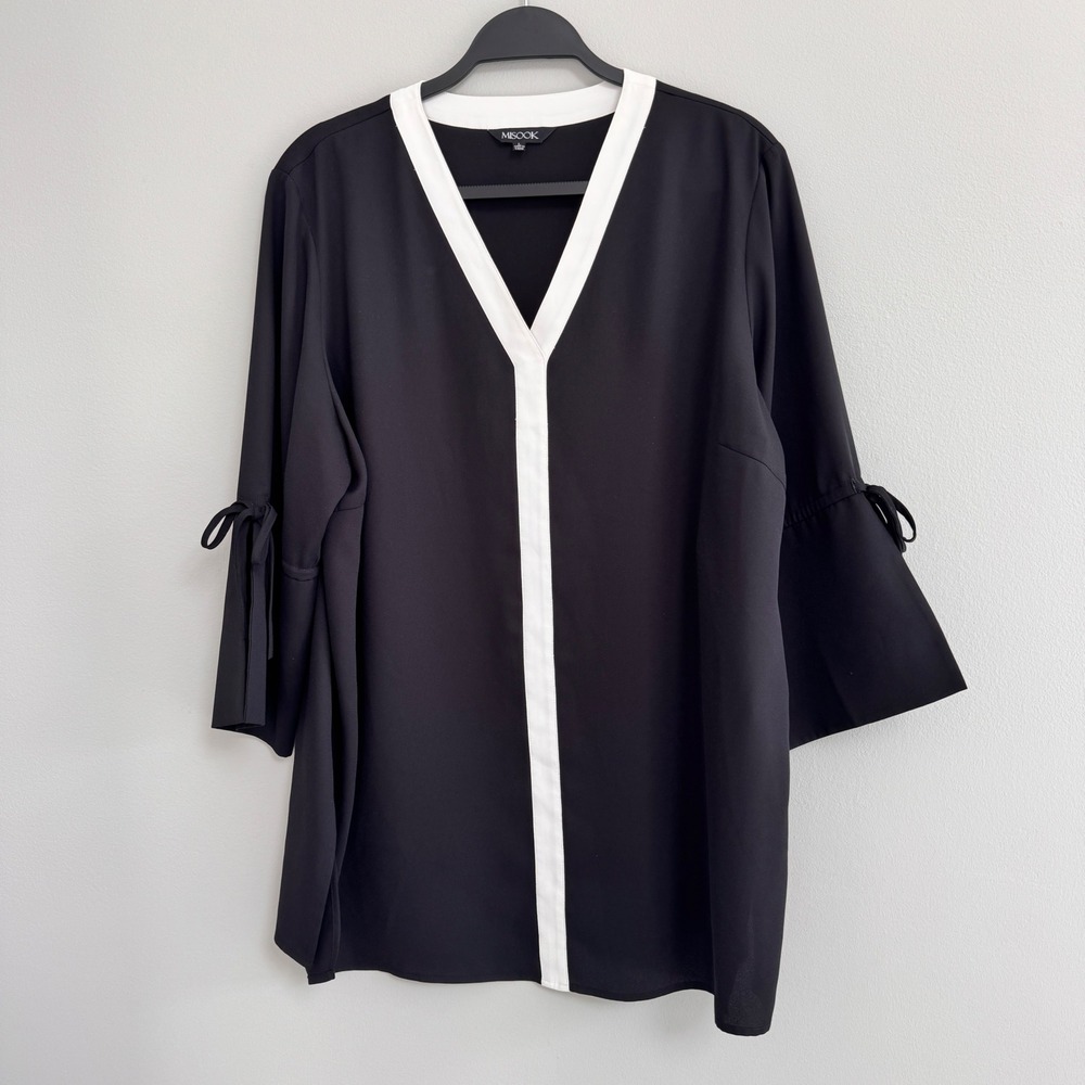 Misook Black Tunic Top White Trim Tie Sleeve Career‎ Blouse Size L